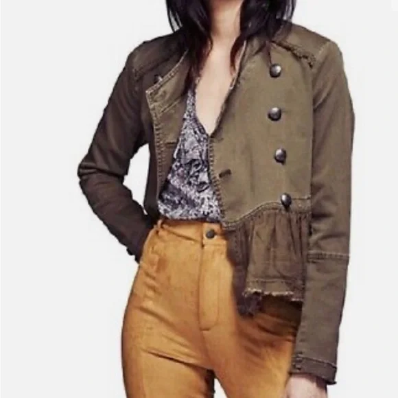 Free People olive green ruffle hem military style jacket. - Picture 3 of 4